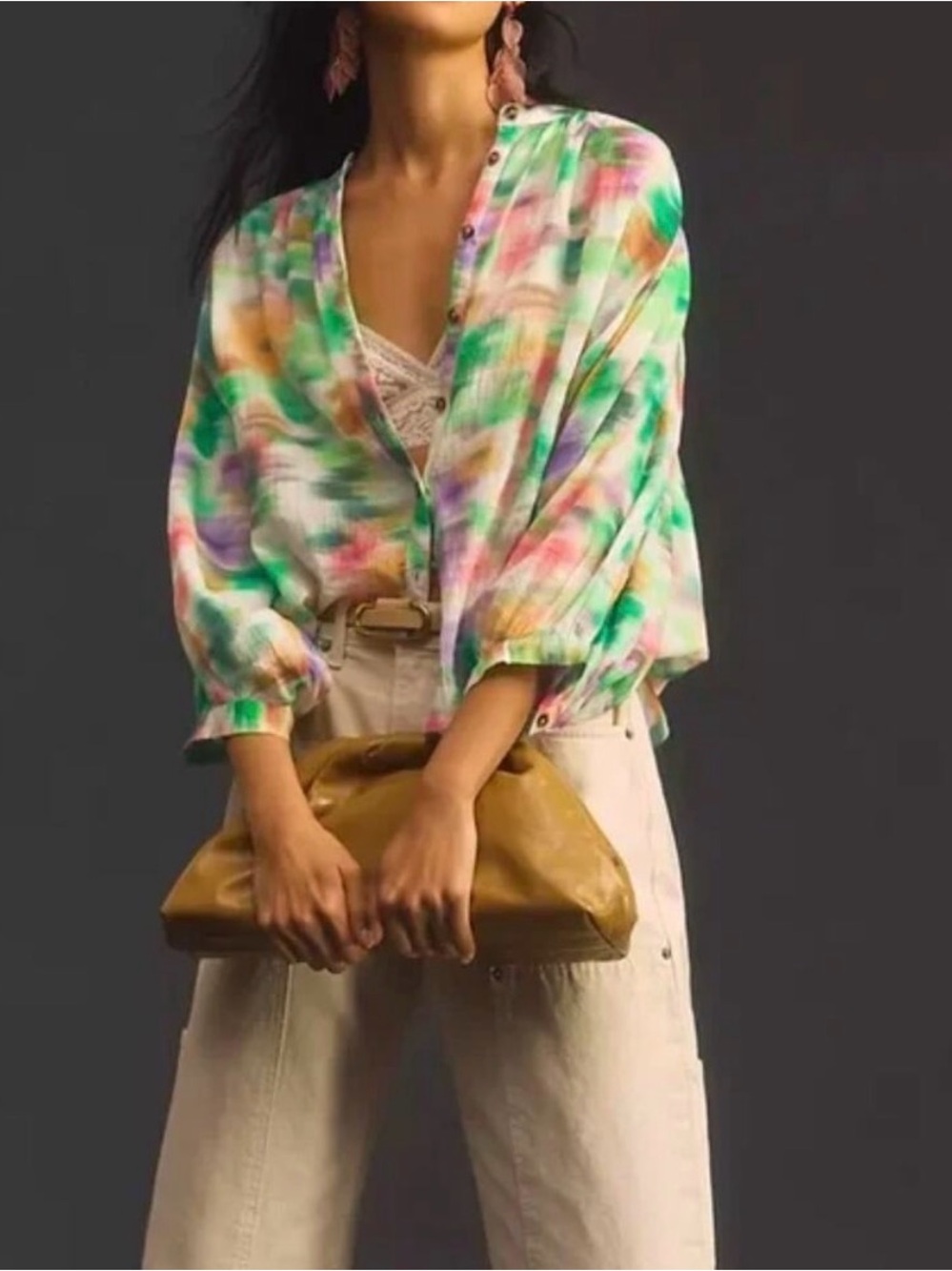 Pilcro Anthropologie Sidney Button Down Blouse Batwing Watercolor Floral 1X